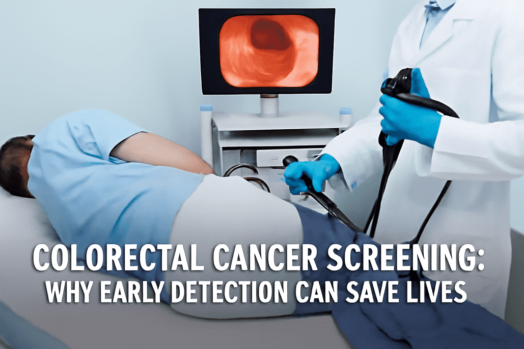 Image of a doctor performing a colonoscopy procedure, showing the medical equipment used for colorectal cancer screening.